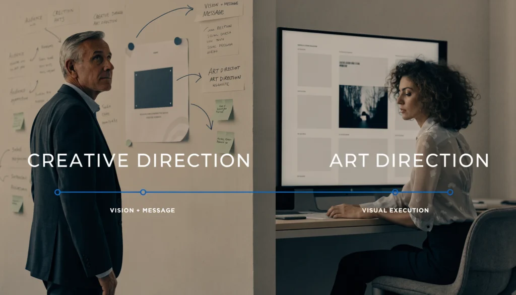Side-by-side comparison showing the core differences between creative direction and art direction in a modern brand workflow