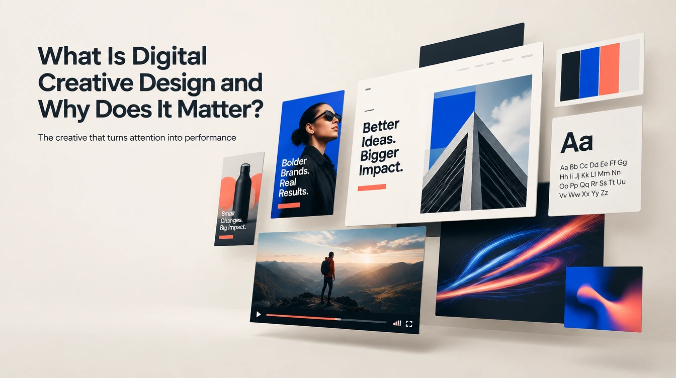 Premium digital creative design composition featuring layered digital campaign visuals, social media ads, typography, and landing page elements.
