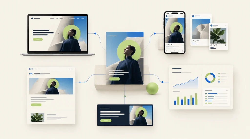 Digital creative connecting website design, social media, email marketing, paid advertising, and analytics into a unified marketing strategy.