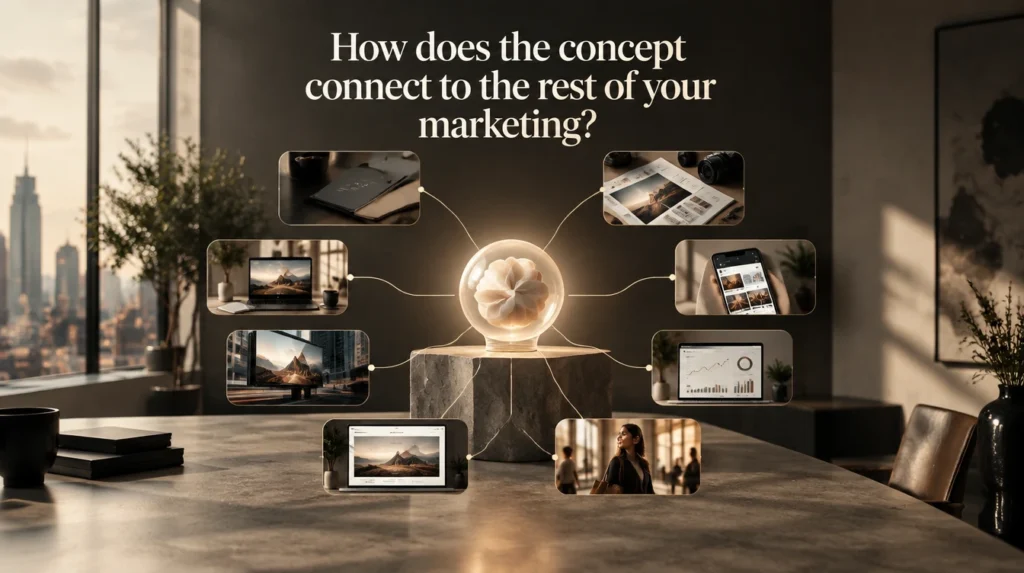 Campaign concept connecting to ads, social, email and web channels in a unified marketing diagram