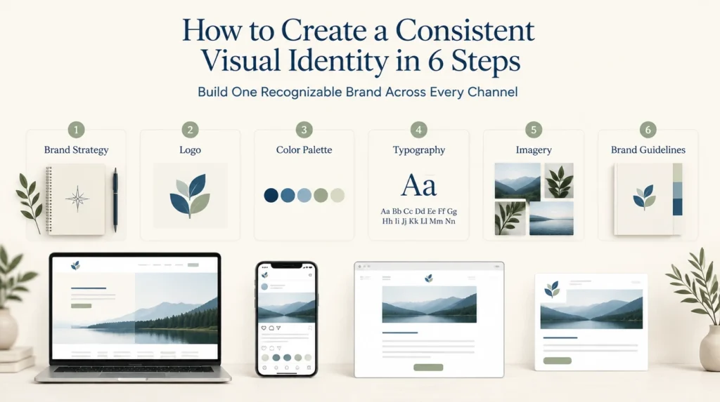 How to create a consistent visual identity in 6 steps using cohesive branding, colors, typography, logos, and imagery.