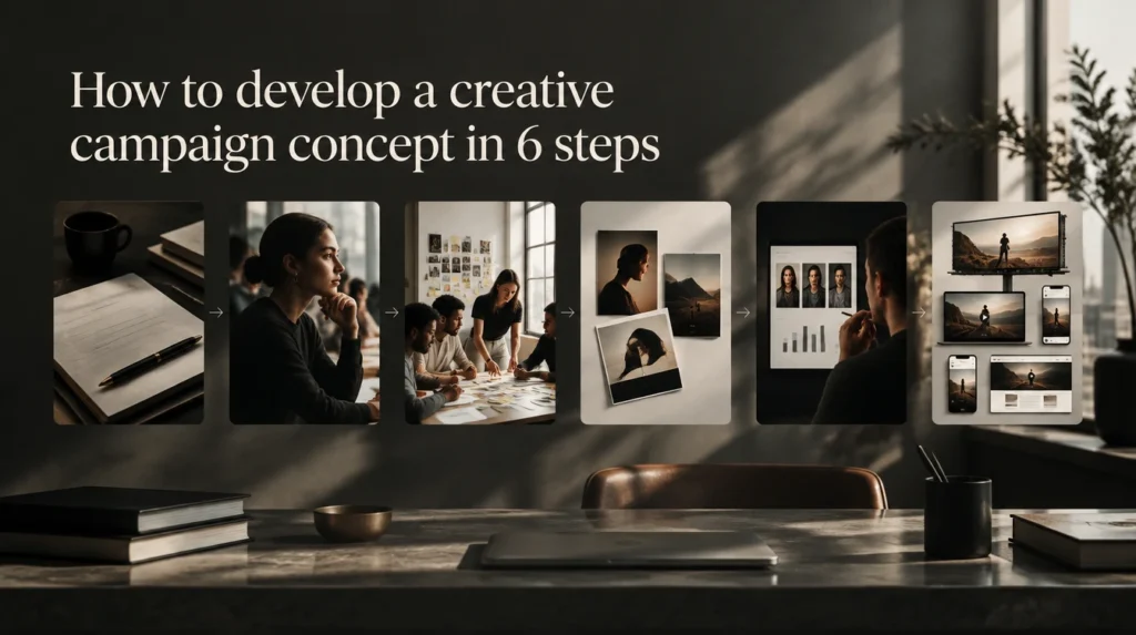 Six-step creative campaign development process shown on a studio whiteboard with notes and arrows