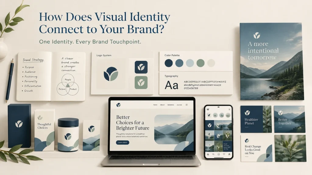 Visual identity connecting a brand’s logo, color palette, typography, packaging, website, and social media design.