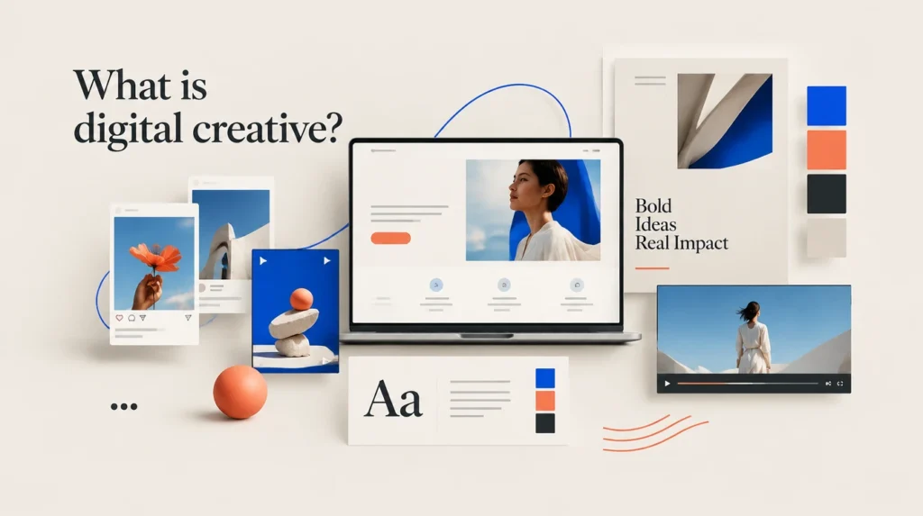 Digital creative design featuring social media ads, website layouts, campaign visuals, typography, and colour palettes.