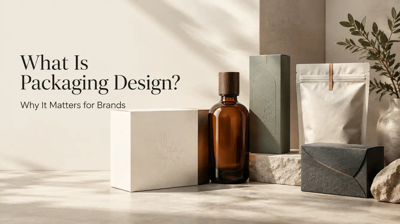 Premium branded packaging arranged as hero visual showing minimal design and considered typography