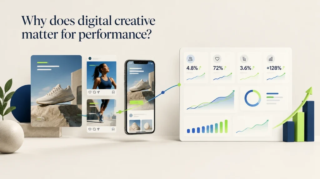 Digital creative campaign visuals alongside performance analytics representing engagement, click-through rates, conversions, and marketing growth.