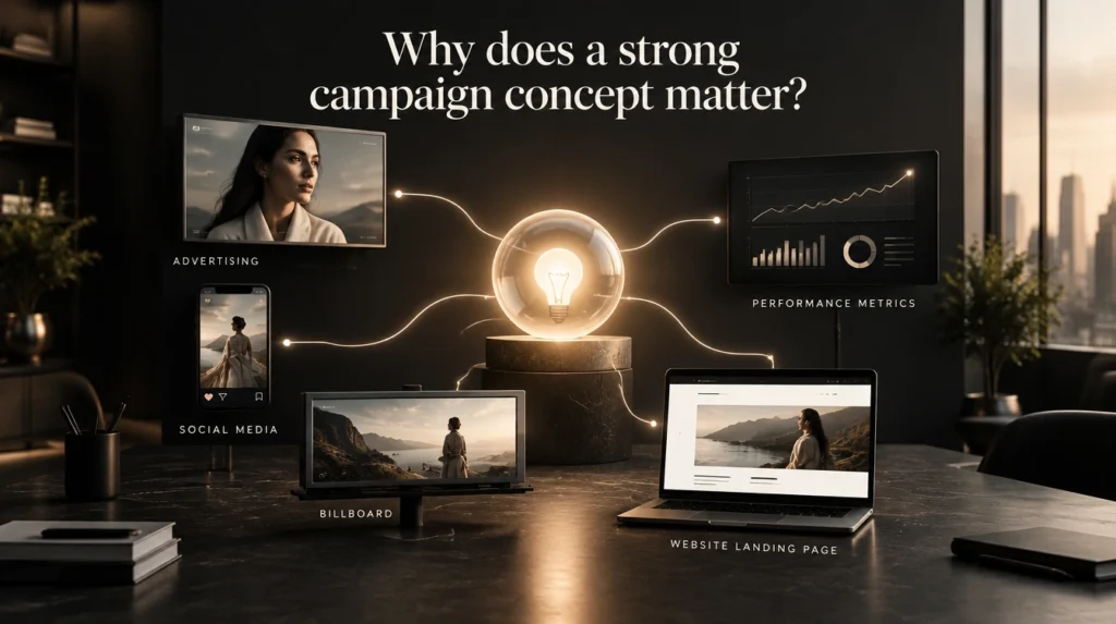 Marketing team reviewing a strong campaign concept across print, digital and OOH mockups on screen